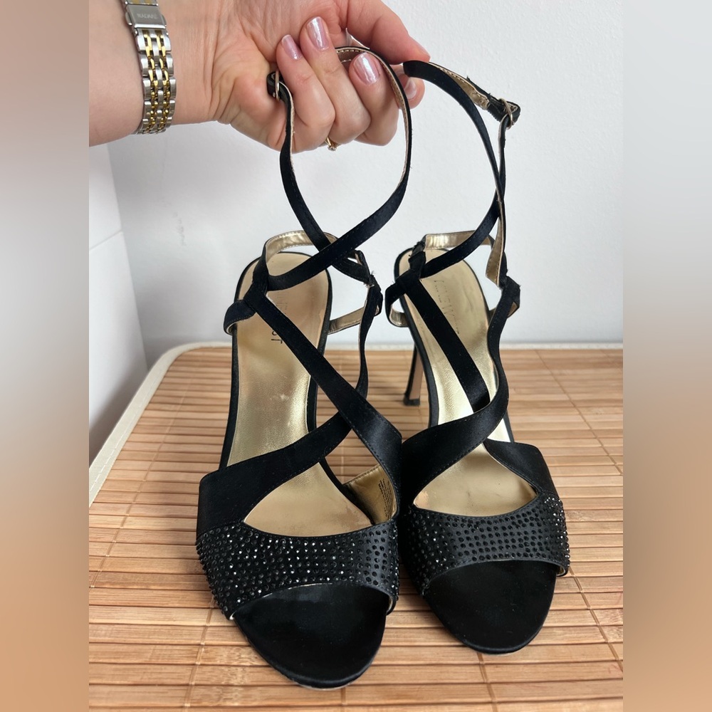 Nine West strappy heels in satin black and beads